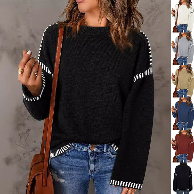 Women's Loose Round Neck Pullover Sweater with Flared Sleeves