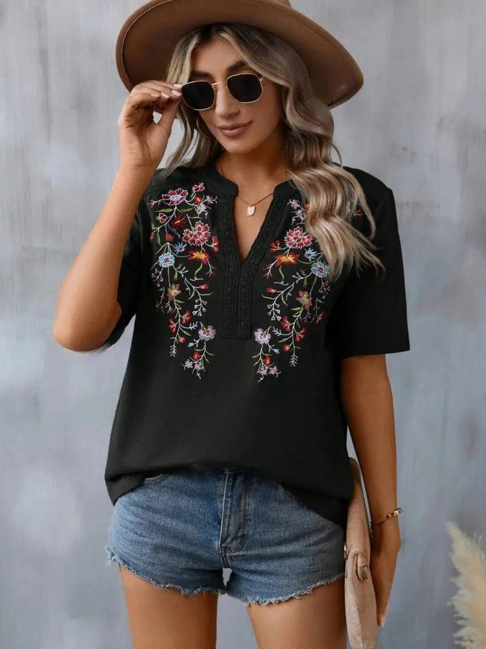 Boho Floral Embroidered Notched V-Neck Lace Trim Top