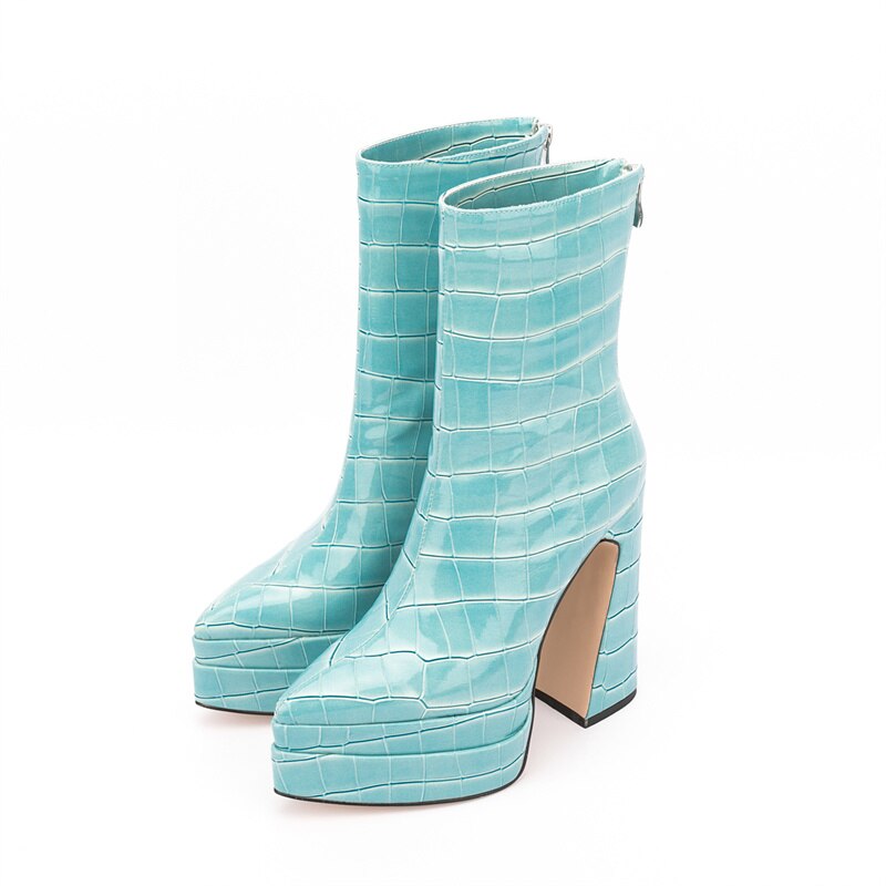 Women's Chunky Platform Ankle Boots - Stone Pattern High Heel