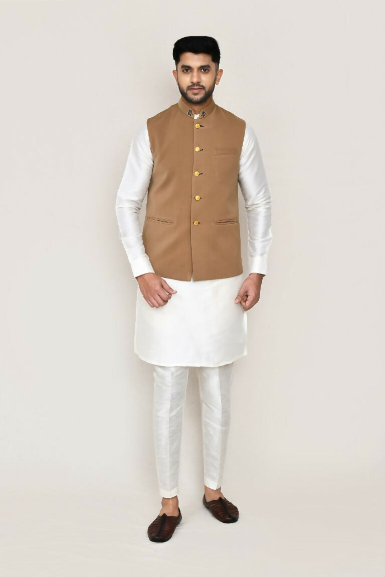 White Art Silk Kurta Set with Jacket and Straight Fit Pants