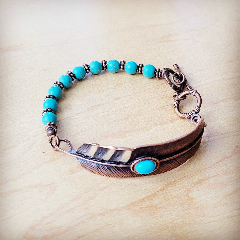 Turquoise Beaded Bracelet with Copper Feather