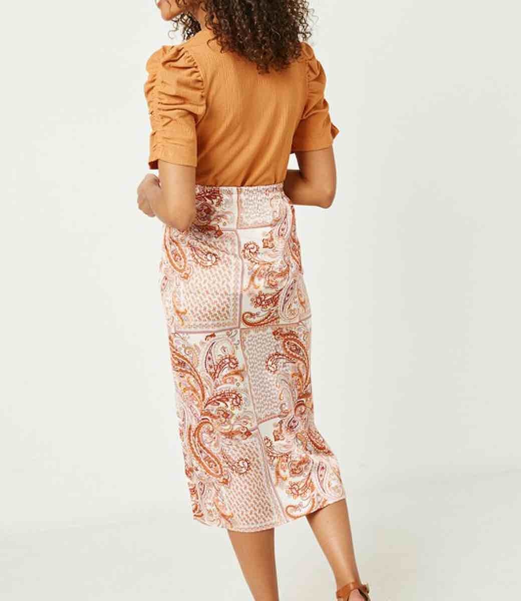 Liberty Midi Skirt in White, Orange and Terracotta Bohemian Style