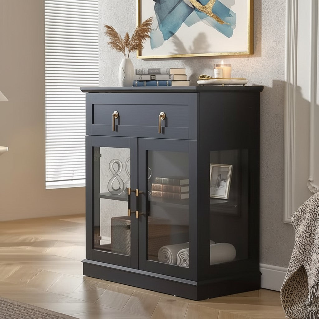 Modern Glass Door Cabinet with Adjustable Shelves, Compact Storage