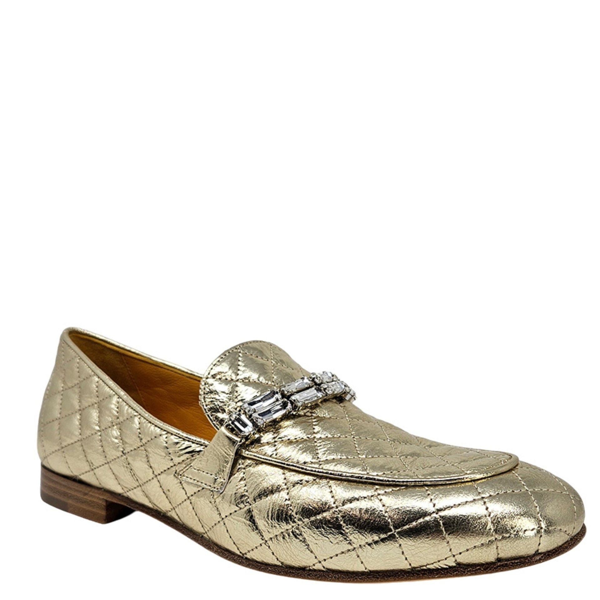 Women's Gold Quilted Leather Flat Loafers with Crystal Detail - Image 2