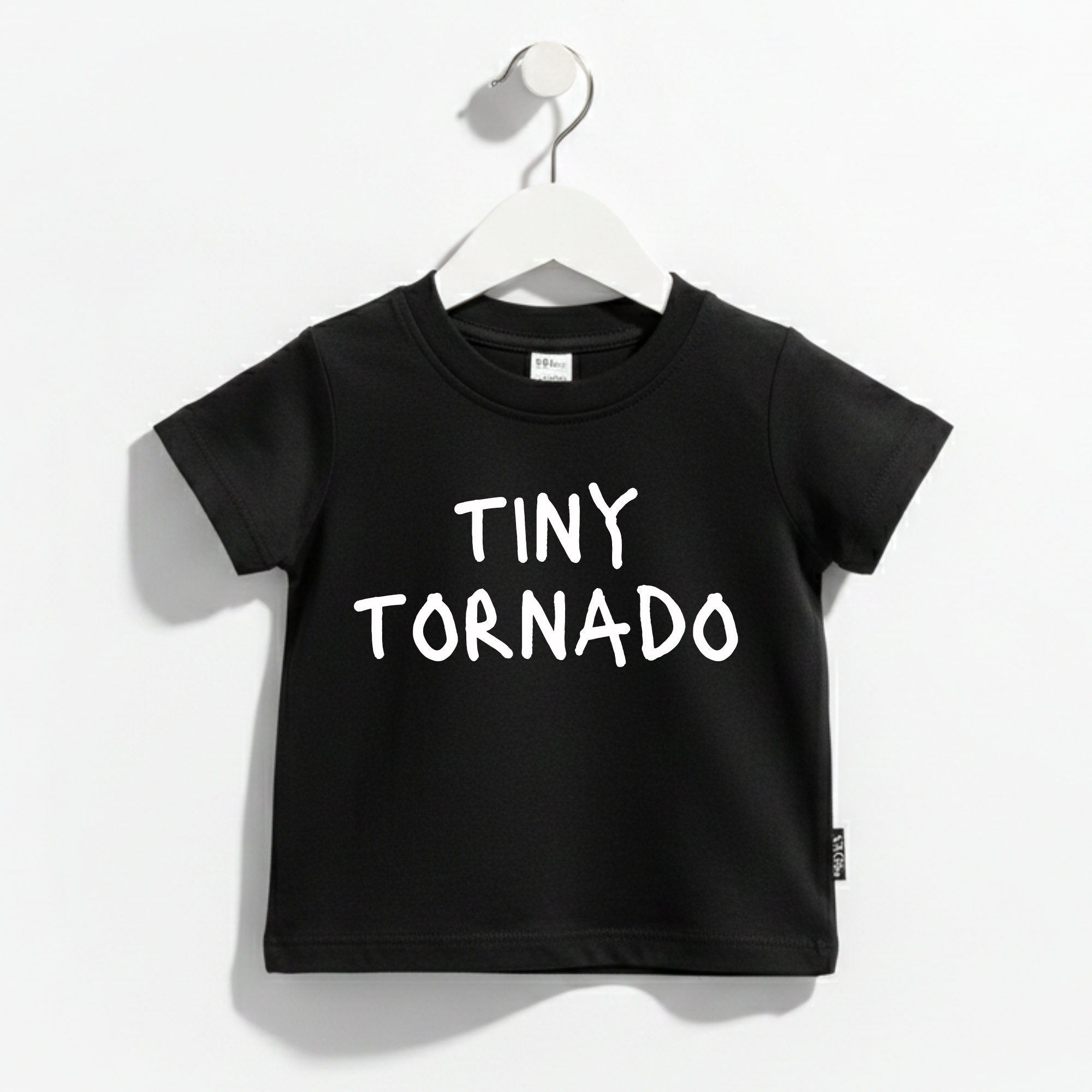 Tiny Tornado graphic t-shirt for kids in black or cream colors.