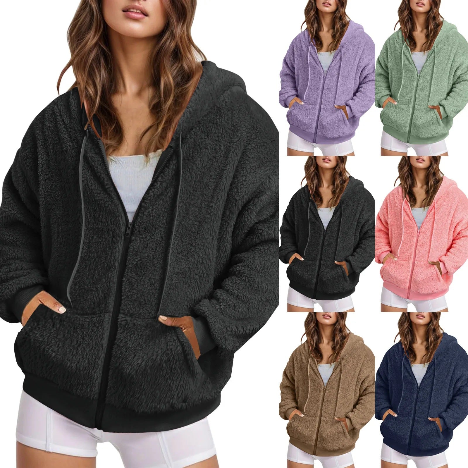 Fuzzy Fleece Zip-Up Hoodie for Women with Pockets - Image 2