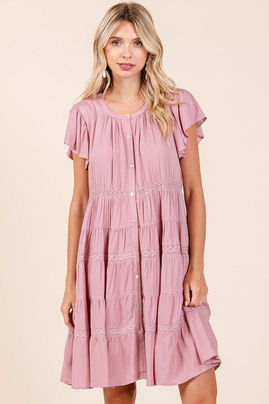 Lace detail tiered button-down dress with ruffled trim