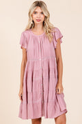 Lace detail tiered button-down dress with ruffled trim