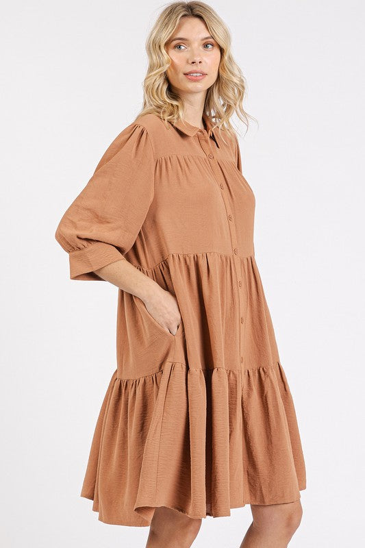 Collared Neck Tiered Shirt Dress with Button Detail