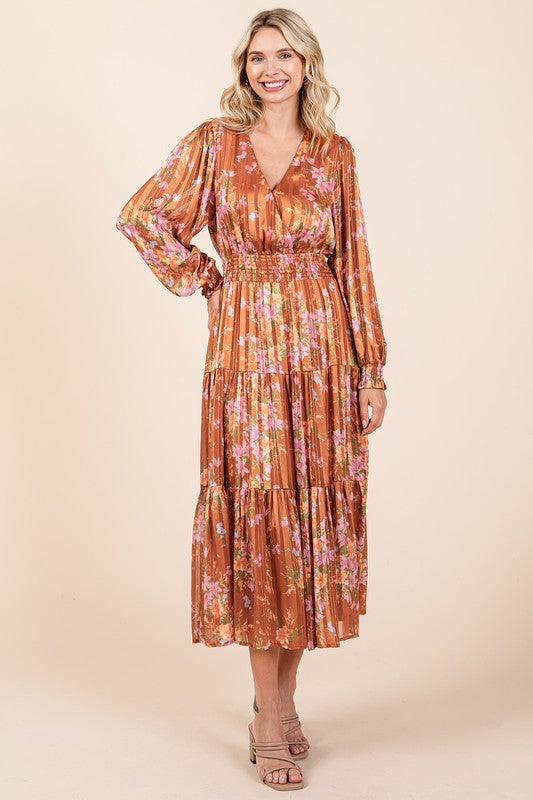 Floral Satin Lurex Stripe Smocked Midi Summer Dress