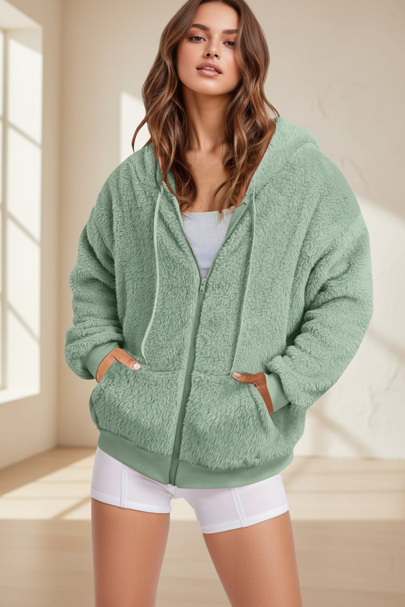 Fuzzy Fleece Zip-Up Hoodie for Women with Pockets - Image 3