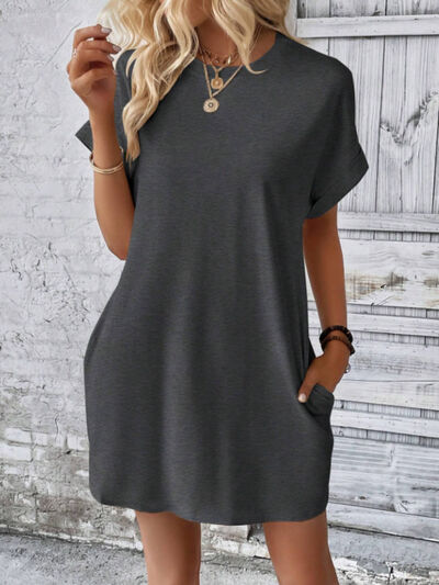 Casual Round Neck Short Sleeve Mini T-Shirt Dress with Pockets - Image 10