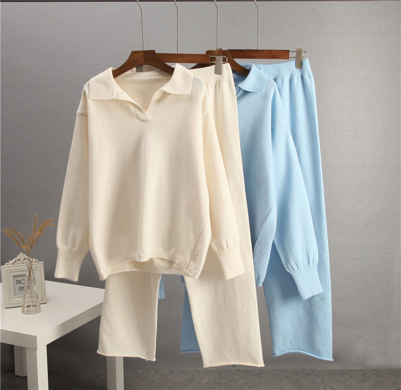 Women's Solid Color Lapel Sweater Two-Piece Co-ord Set - Image 10