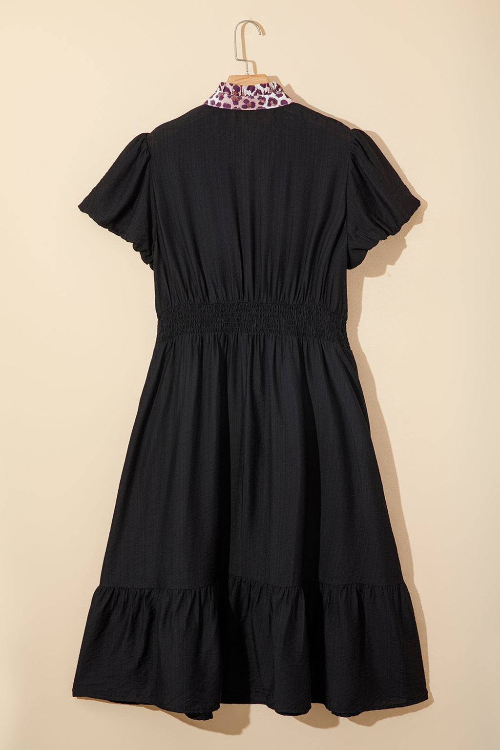 Leopard Print V-Neck Midi Dress with Smocked Waist | Short Sleeve A-Line