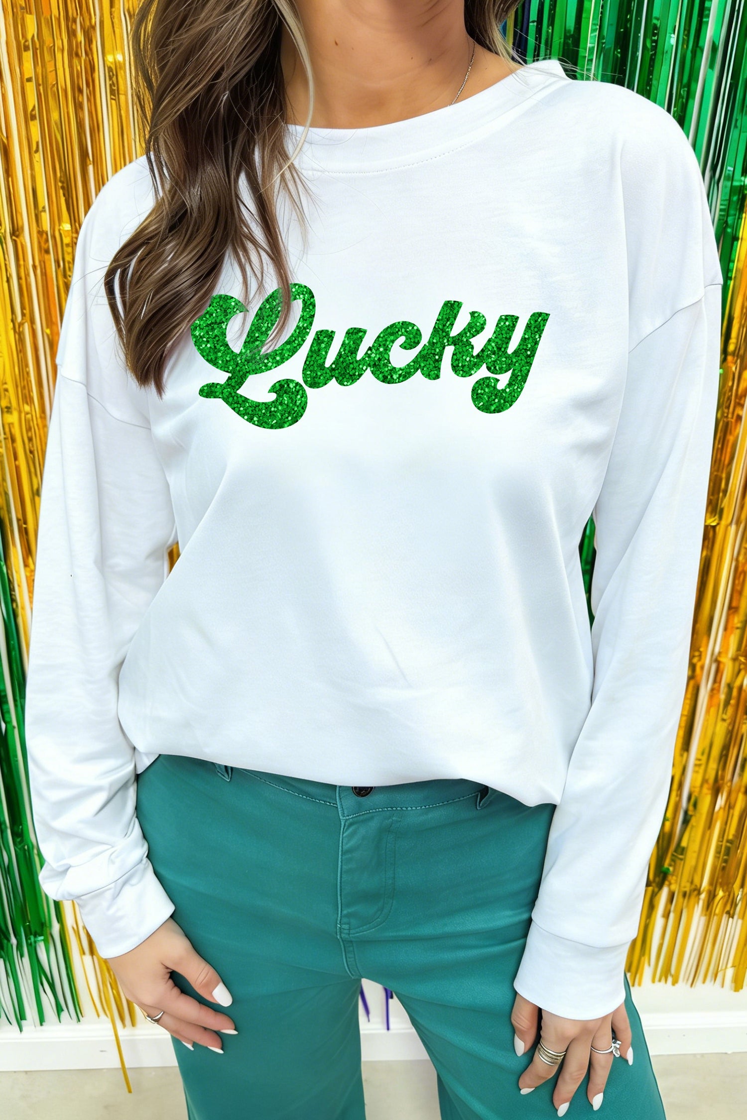White Lucky Heat Transfer Long Sleeve Top | Cotton Blend