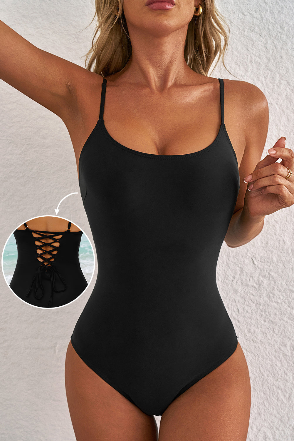 Black Lace-Up Open Back One Piece Swimsuit | Thin Strap