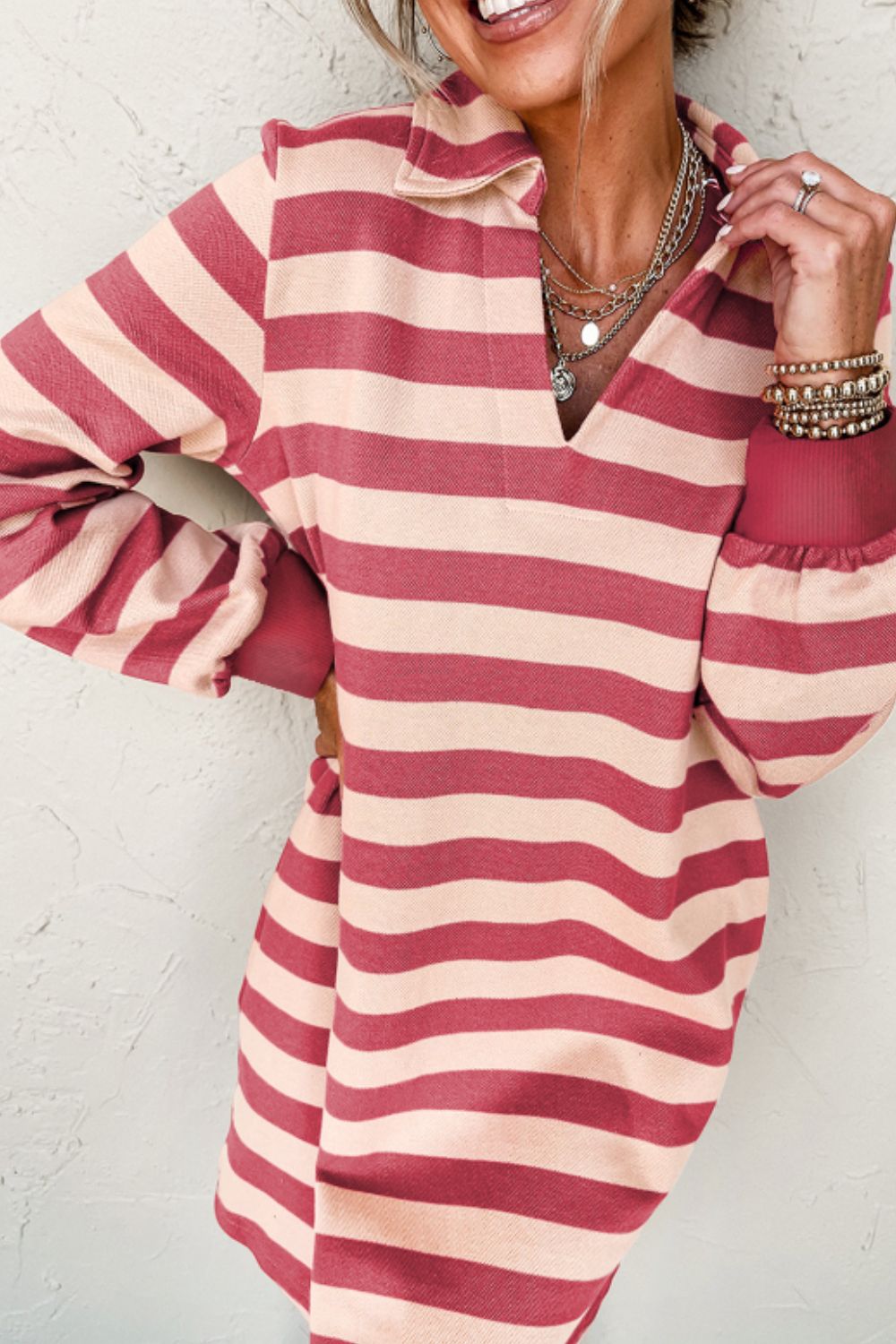Contrast Striped Collar Long Sleeve Mini Dress in Knit Fabric
