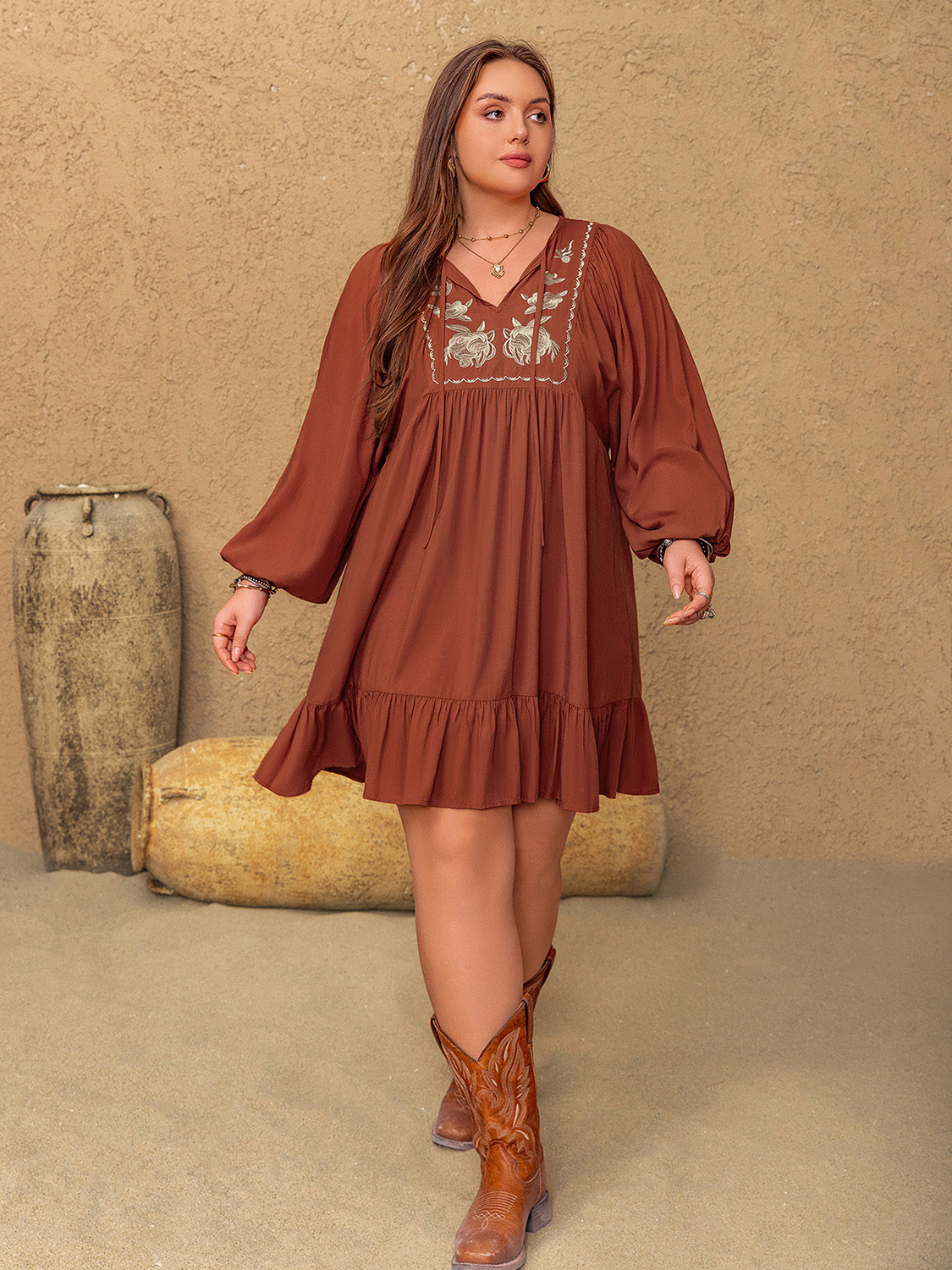 Embroidered Tie Neck Balloon Sleeve Mini Dress in Terracotta