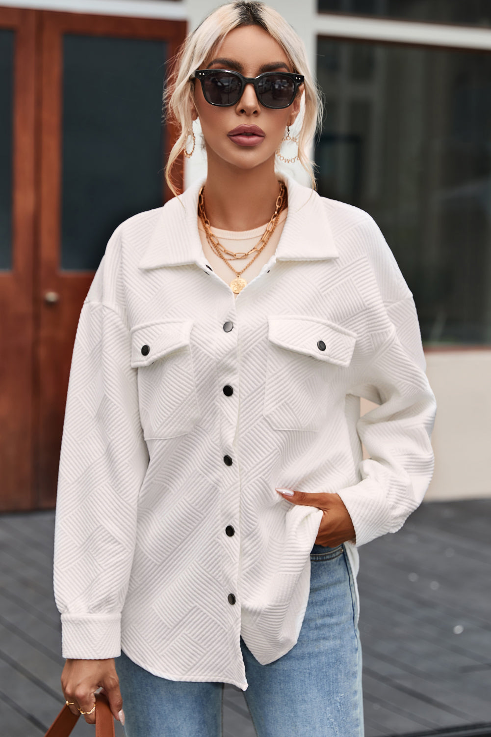 White Textured Flap Pocket Buttoned Shacket Jacket - Image 7