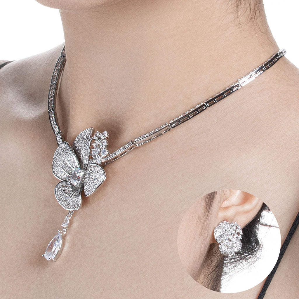 Europe And The United States Cross-border Flower Zircon Necklace Earrings Suit Senior Niche Luxury Bride Dress Accessories Wholesale