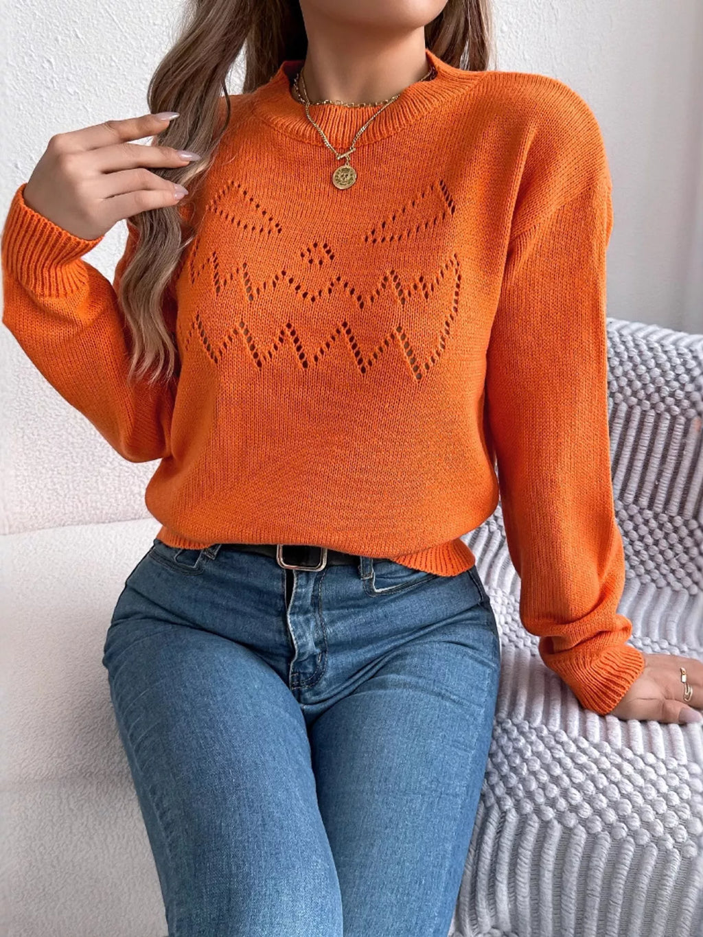 Openwork Round Neck Long Sleeve Sweater