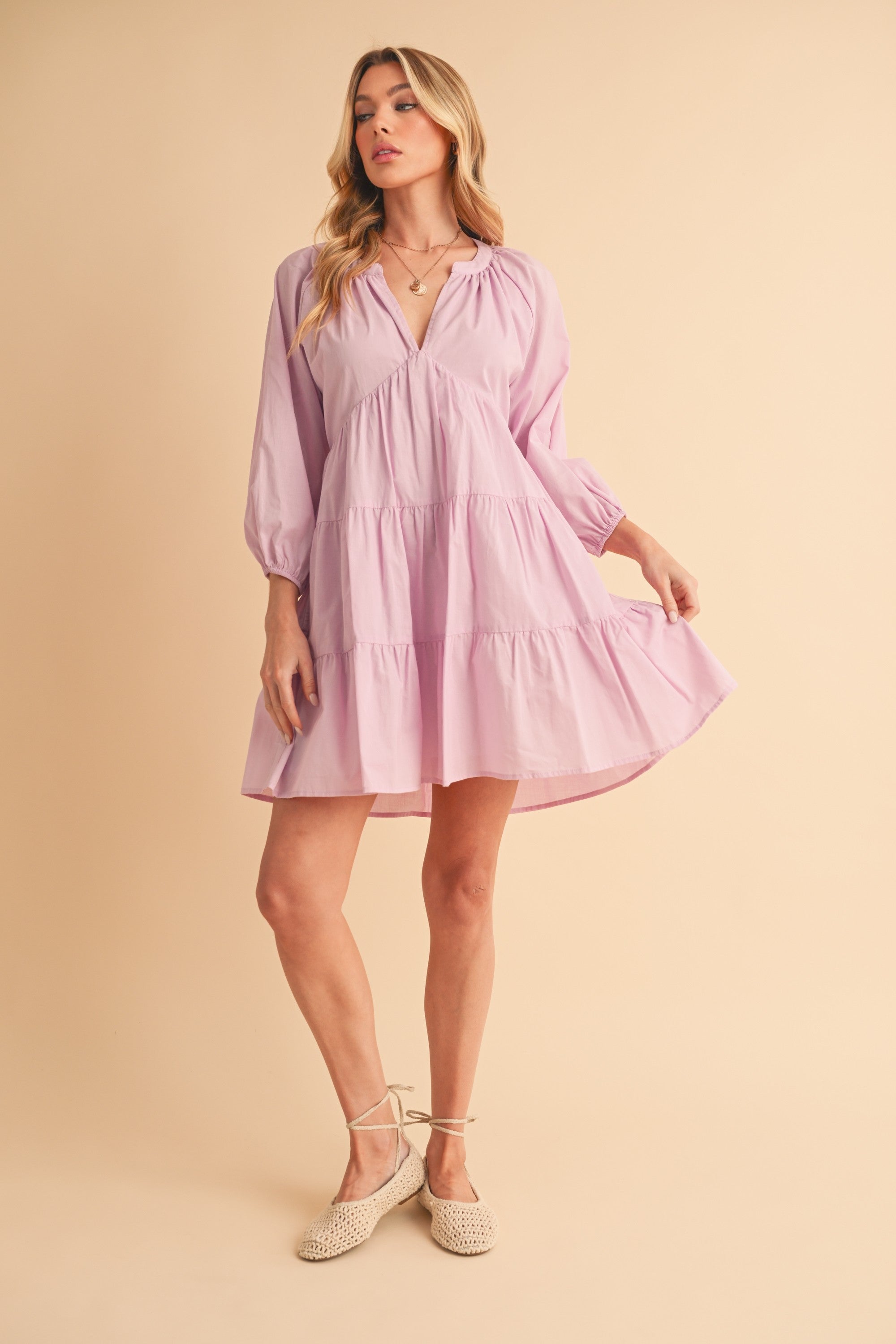 Lavender Cotton Tiered Mini Dress with Notched Balloon Sleeves