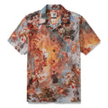 Men's vintage art-inspired Hawaiian shirt with camp collar in orange, blue, and brown.