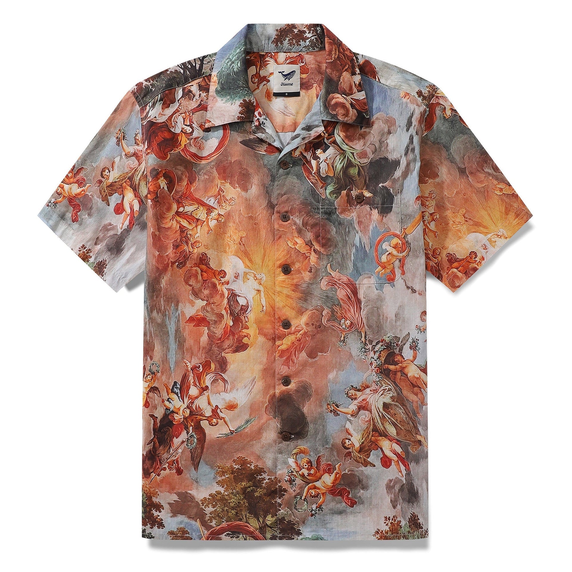 Men's vintage art-inspired Hawaiian shirt with camp collar in orange, blue, and brown.