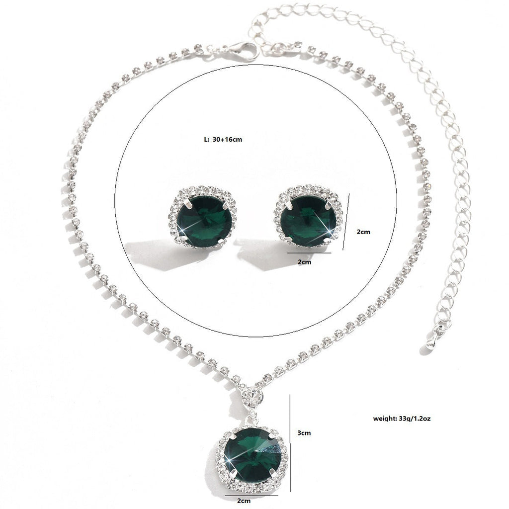 Cross-Border Dropshipping Niche Design Emerald Glass Crystal Necklace Earrings Clavicle Chain Birthday Dinner Jewelry