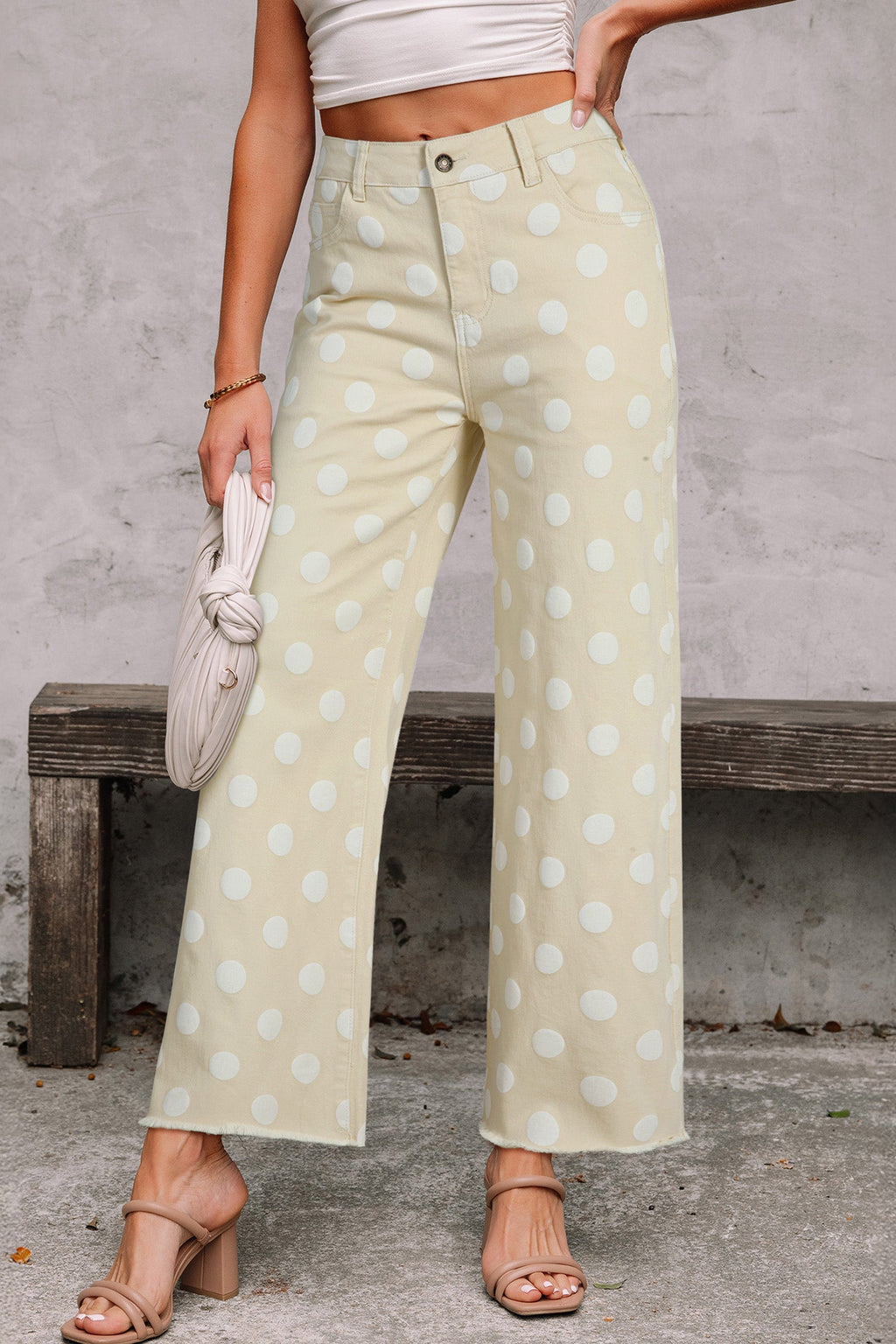 Daleyza high-waisted shift denim jeans with polka dot print and raw hem finish in cream and white