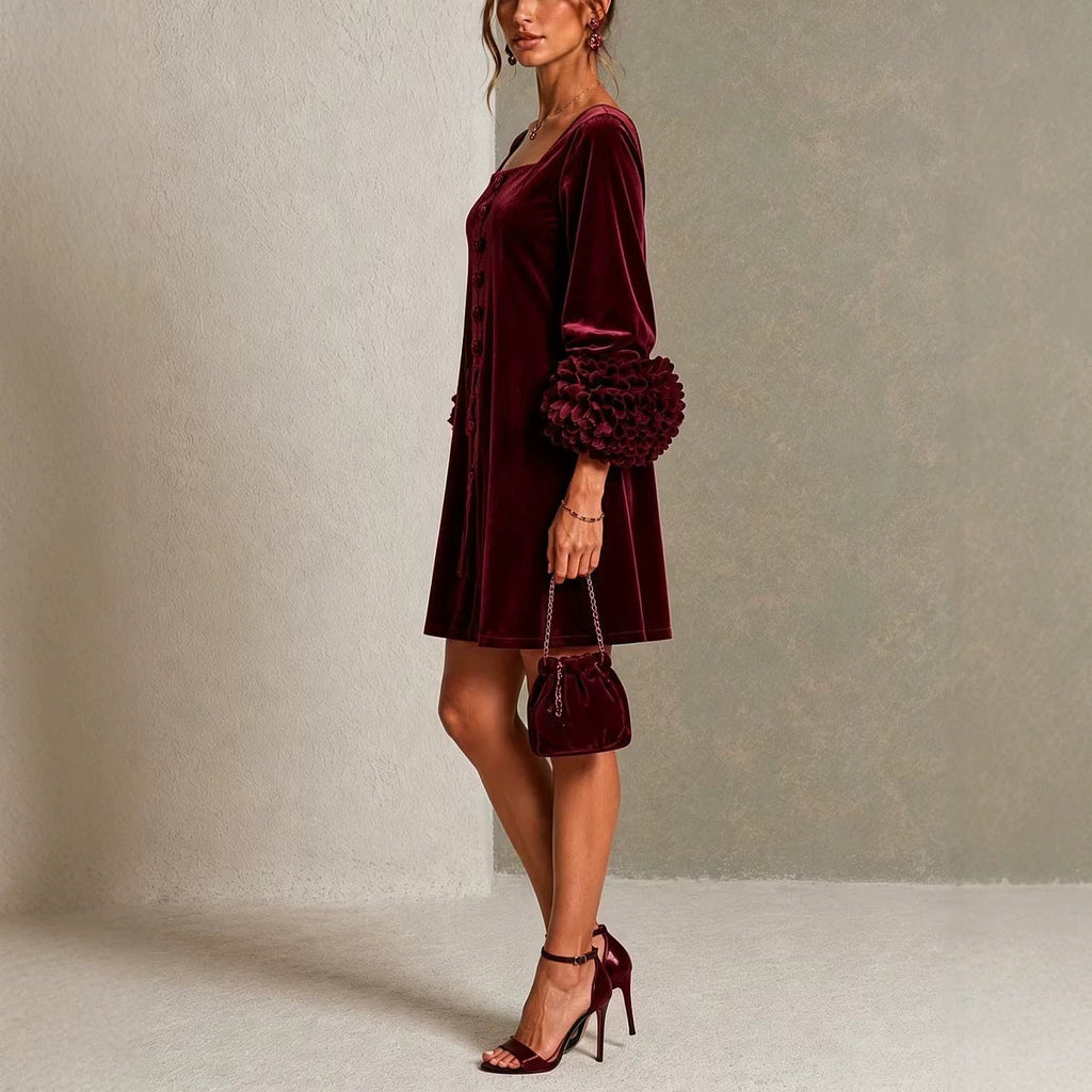 Velvet Mini Dress | Square Neck | 3D Floral Cuff Balloon Sleeve