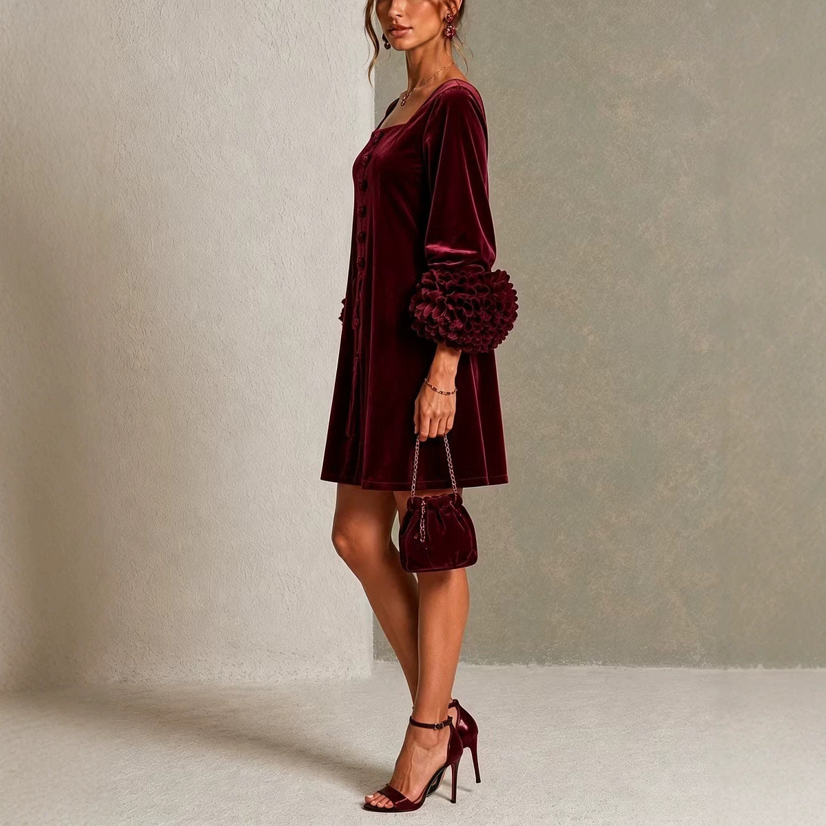 Velvet Mini Dress | Square Neck | 3D Floral Cuff Balloon Sleeve