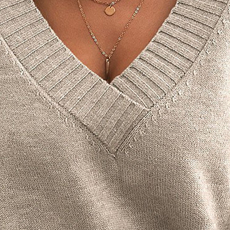 Women's V-Neck Drop Shoulder Sweater Casual Long Sleeve Pullover
