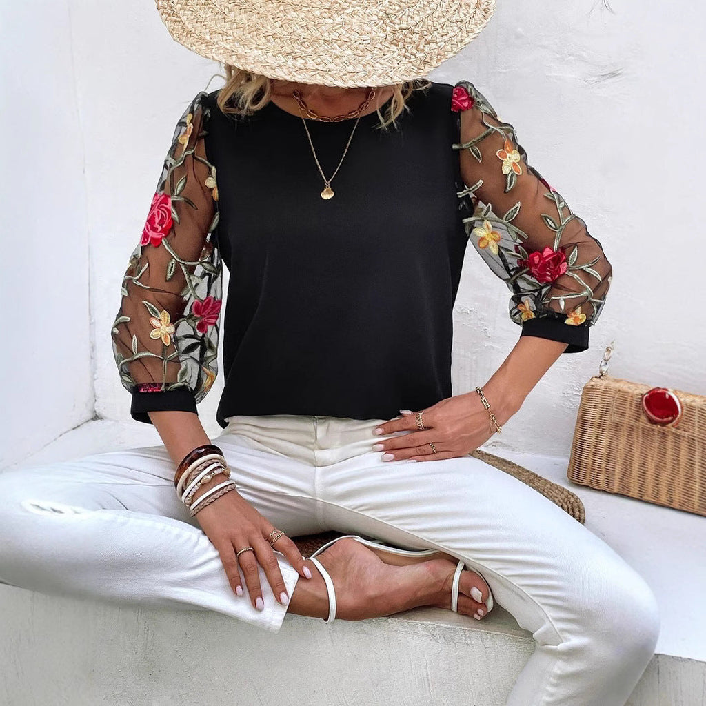 Women's Floral Mesh Sleeve Patchwork Top in Black, Navy, and Red - Image 3