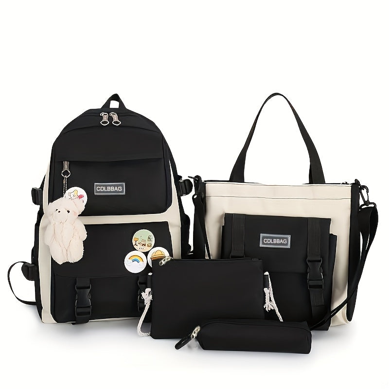 4pc Large Capacity Canvas Backpack for Teens School  Travel