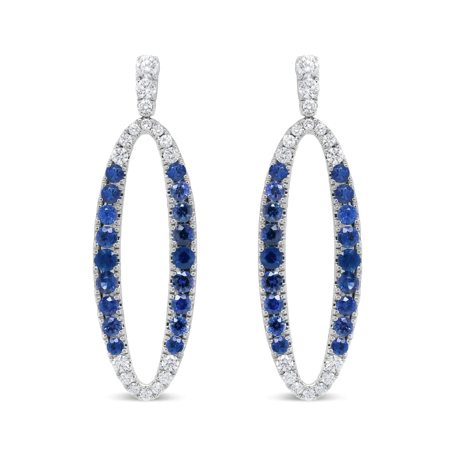 18K White Gold 1.11 Cttw Blue Round Diamond and Blue Sapphire Openwork Oval Shaped Dangle Earrings (F-G Color, VS1-VS2 Clarity)