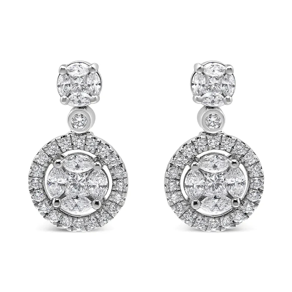 18K White Gold 2.0 Cttw Round Shape Diamond Composite Halo Dangle Stud Earring (F-G Color, VS1-VS2 Clarity)