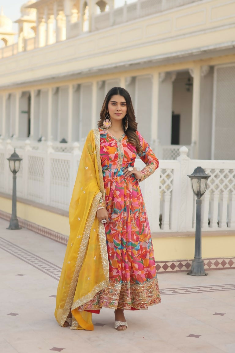 Pink Russian Silk Anarkali dress with abstract print and zari embroidery