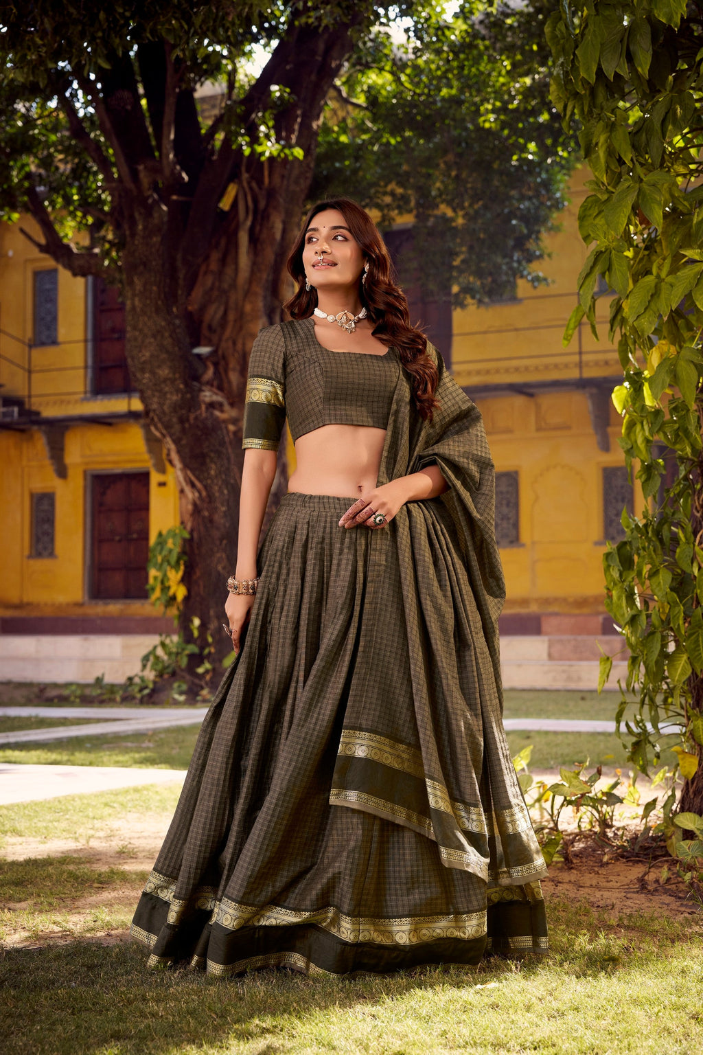 Grey Chettinad Cotton Lehenga Choli with Zari weaving border and matching dupatta