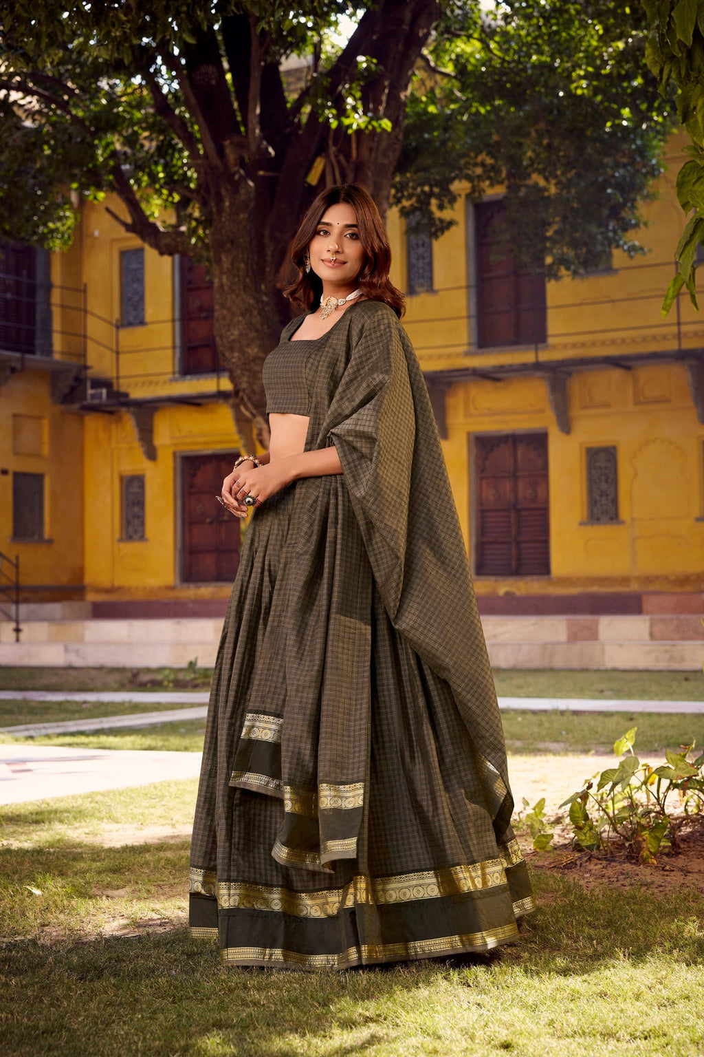 Grey Chettinad Cotton Lehenga Choli with Zari Weaving and Dupatta