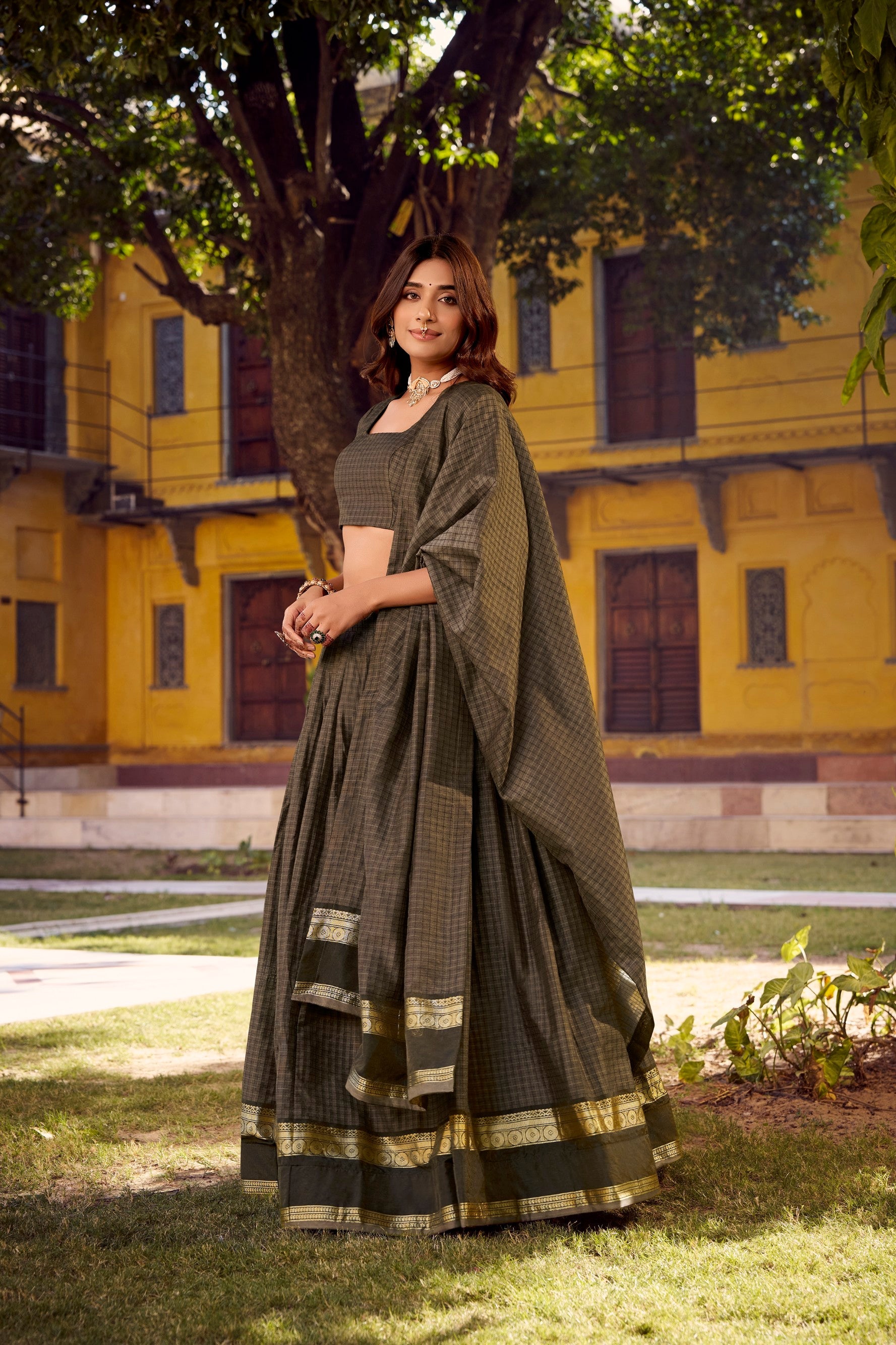 Grey Chettinad Cotton Lehenga Choli with Zari Weaving and Dupatta