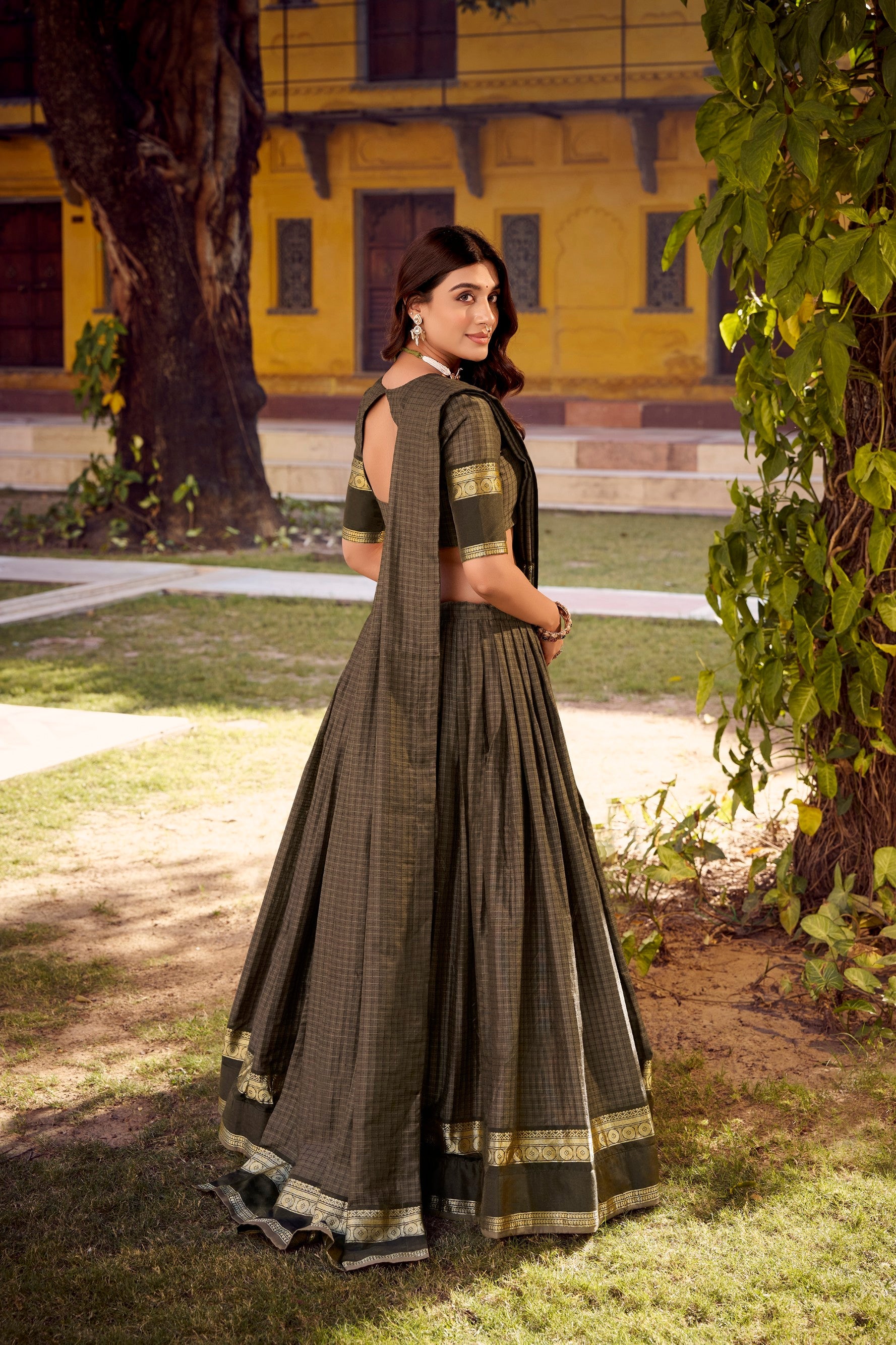 Grey Chettinad Cotton Lehenga Choli with Zari Weaving and Dupatta