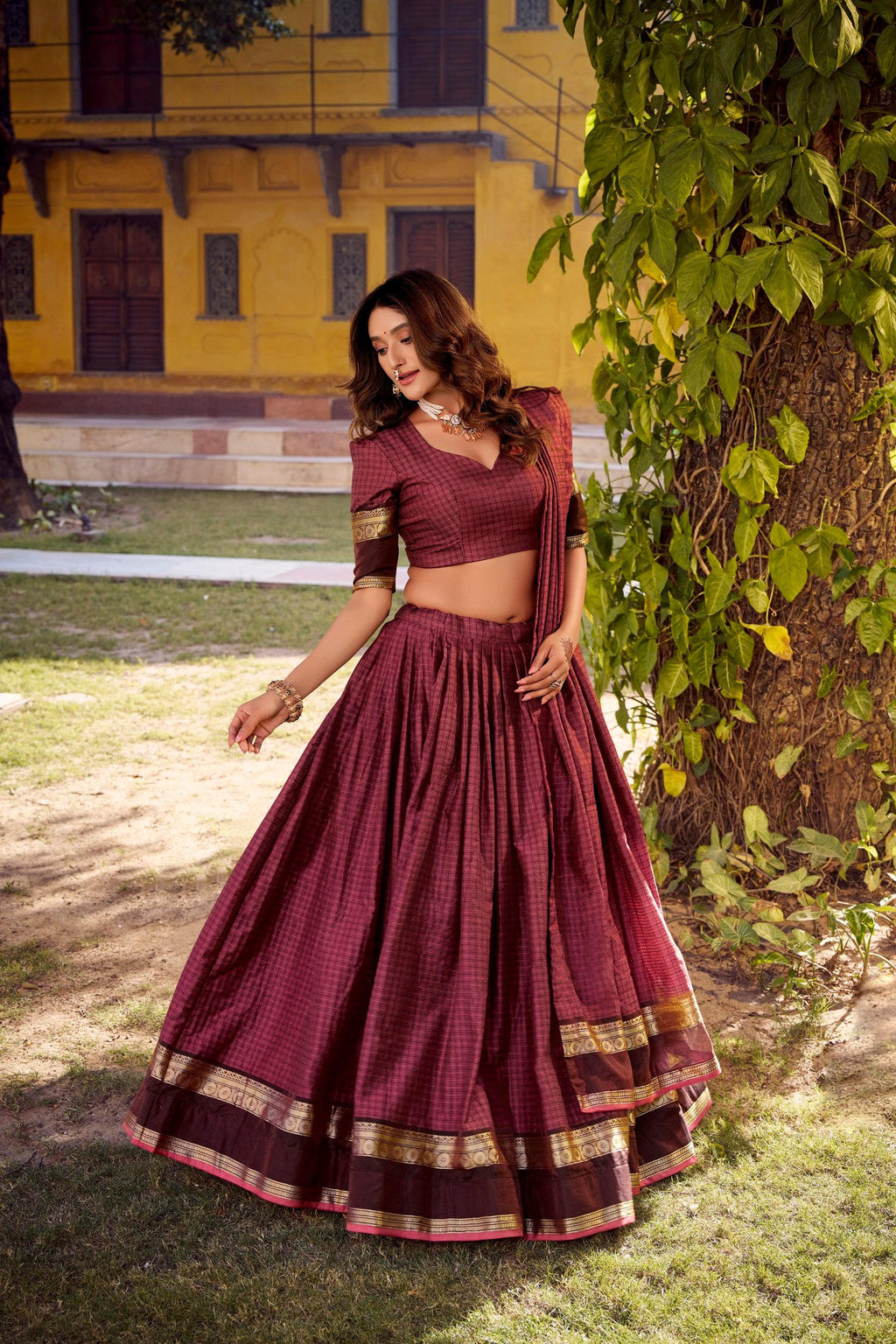 Lorenvalley Fashion Rust Chettinad Cotton Chex with Zari Weaving Work Lehenga Choli with Dupatta