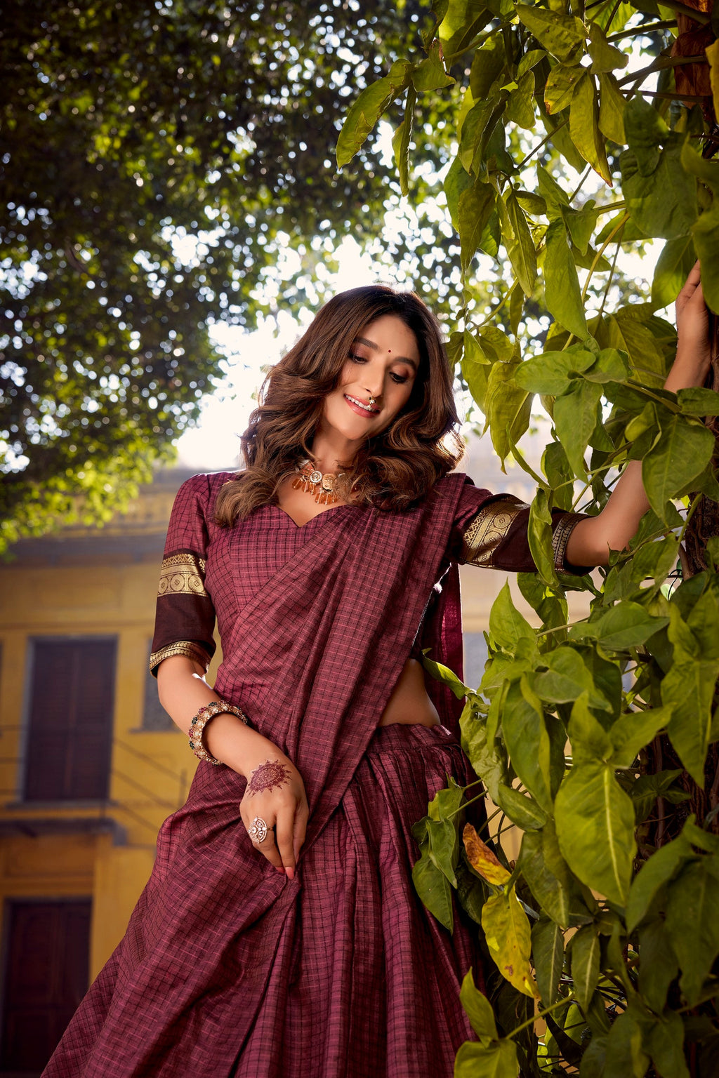 Lorenvalley Fashion Rust Chettinad Cotton Chex with Zari Weaving Work Lehenga Choli with Dupatta