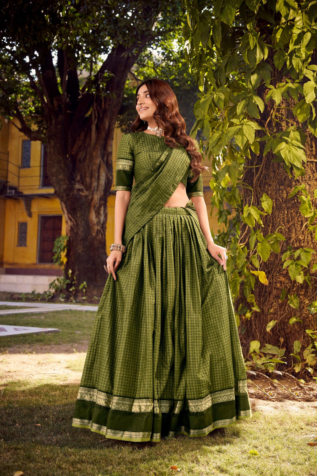 Mehendi Chettinad Cotton Lehenga Choli with Zari Weaving