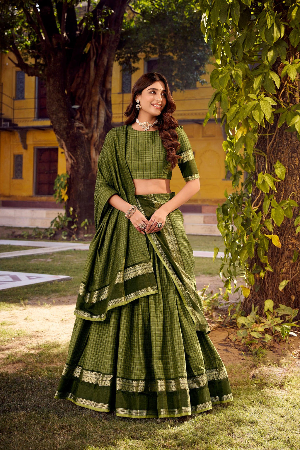 Mehendi Chettinad cotton lehenga with traditional chex pattern and gold Zari weaving