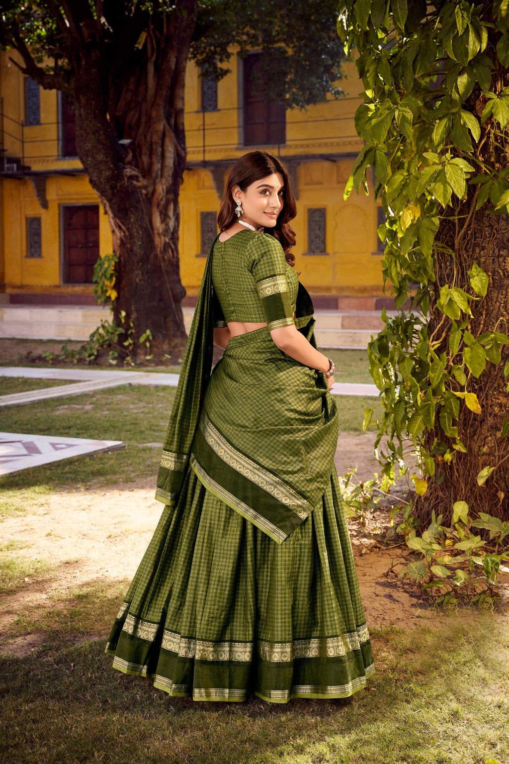 Mehendi Chettinad Cotton Lehenga Choli with Zari Weaving