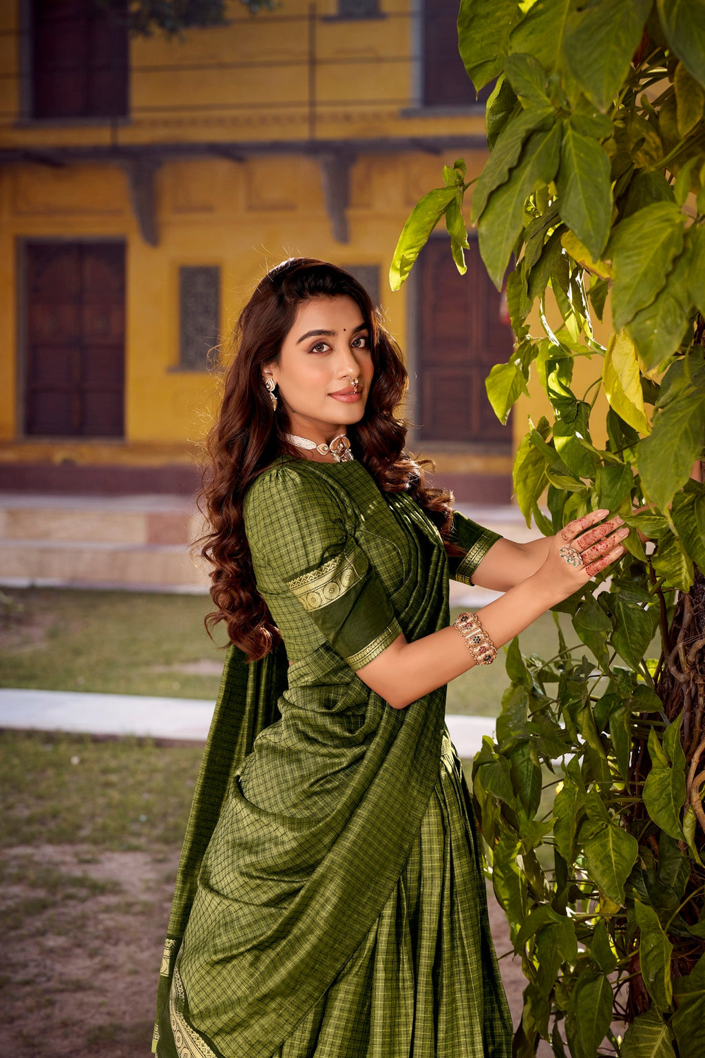 Mehendi Chettinad Cotton Lehenga Choli with Zari Weaving