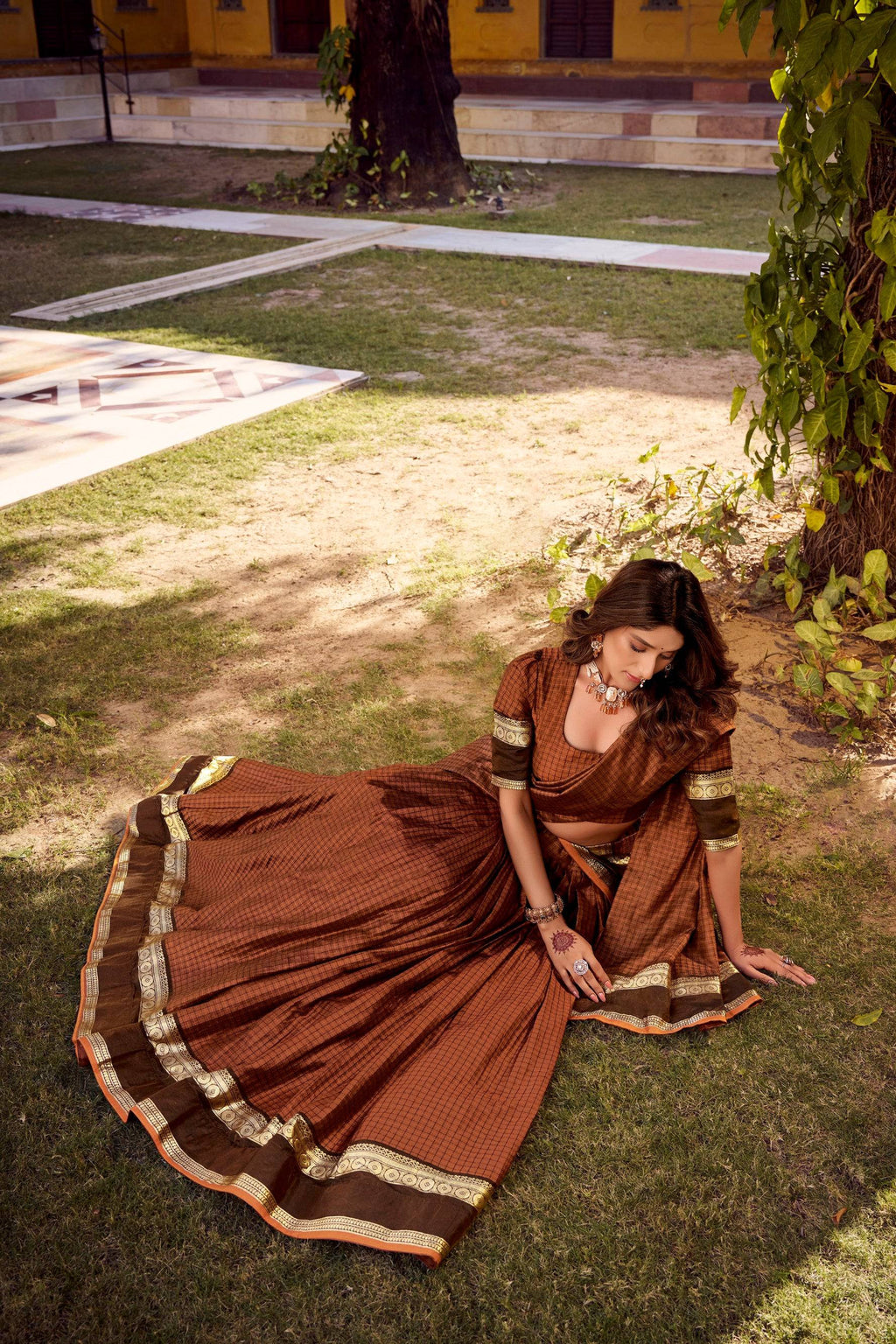 Brown Chettinad Cotton Chex Lehenga Choli with Zari Weaving Work