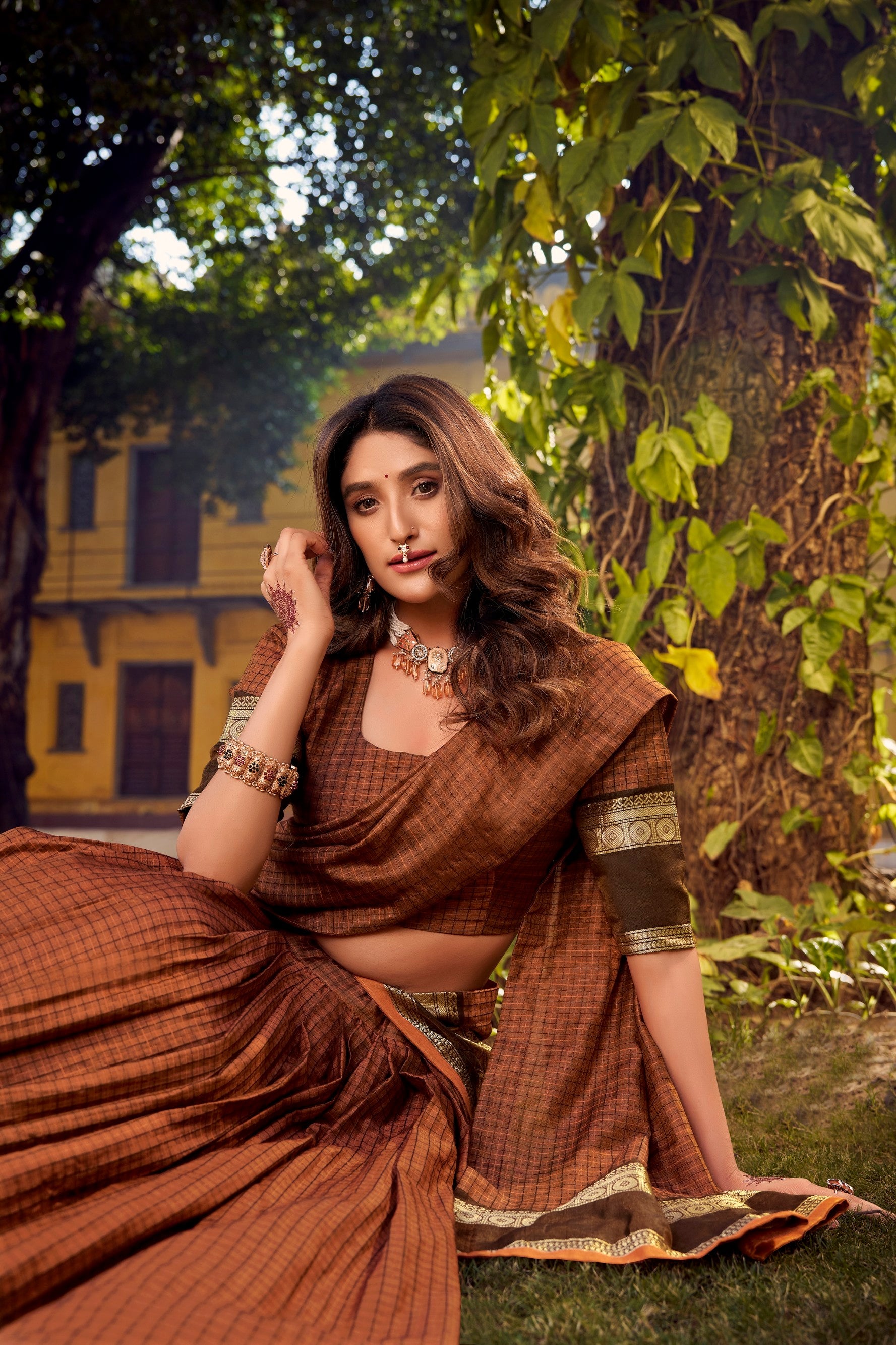 Brown Chettinad Cotton Chex Lehenga Choli with Zari Weaving Work